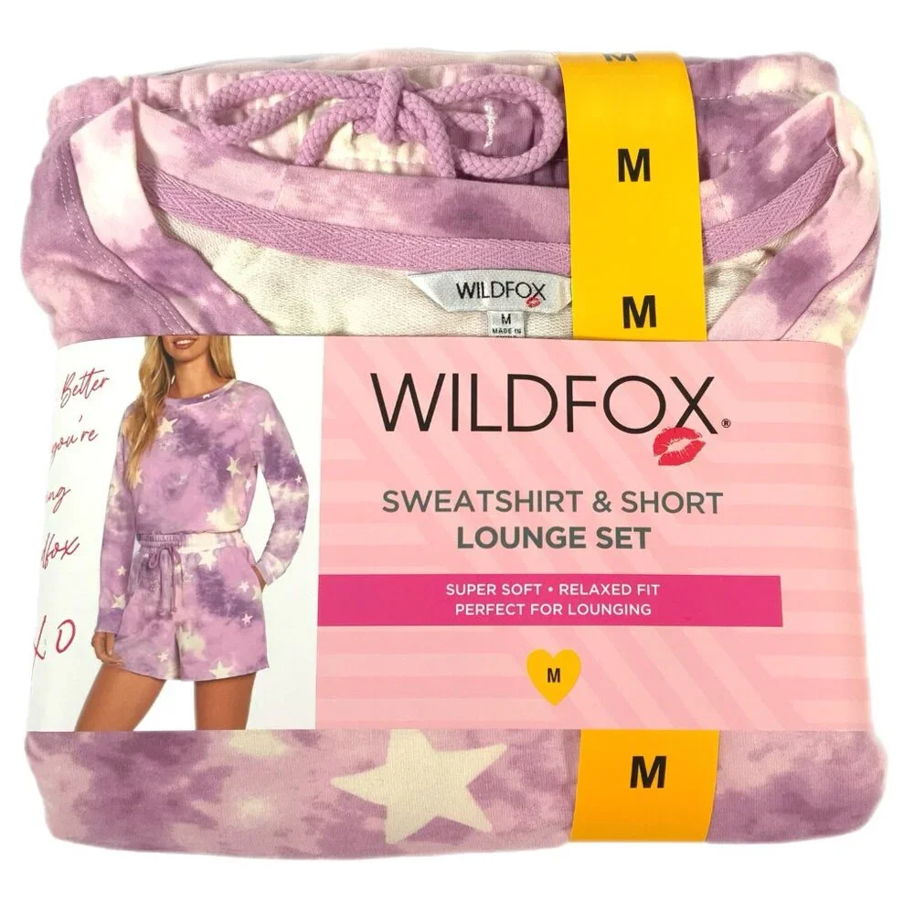 NWT Wildfox 2pc Lounge PJ Set Tie Dye Purple Stars Sweatshirt Shorts Med 10 12 - Picture 5 of 7